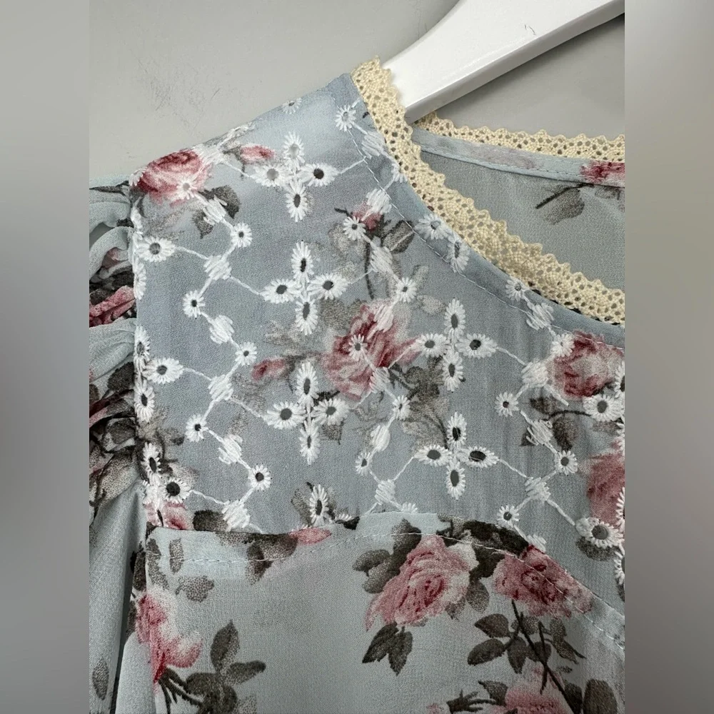 Umgee Floral Sheer Lace Puff Sleeve Top Blouse Medium